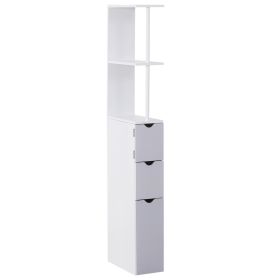 55" Tall Bathroom Cabinets, Narrow Storage Cabinet Freestanding Linen Tower with 2-Tier Shelf and Drawers, White