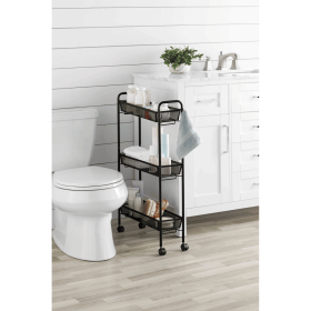 Slim 3-Tier Rolling BathroomStorageCart with Hooks, Black