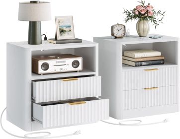 Fluted Night Stand Set of 2, Modern Nightstand with Charging Station, Drawers and Open Shelves - Bedside Table Wood Side Table Set for Bedroom, W