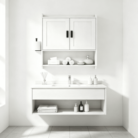 Bathroom Wall Mounted Cabinet, Engineered Wood Wall Organizer with Adjustable Inner Shelf, Towel Bar, Toilet Paper Holder for Bath, Kitchen