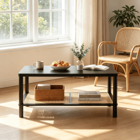 Boho 2-Tier Coffee Table Rectangular Living Room Center Table with Rubber Wood Frame PVC Rattan Storage Shelf