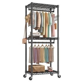 29.5 Inch Rolling Clothes Rack, Adjustable Metal Shelves, Heavy Duty Clothes Rack with Side Hooks for Household, Laundry Room, Black