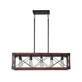 32" Red Wood Industrial Farmhouse Rectangle Pendant Light, 5-Light Chandelier for Dining Room, Kitchen Island, Cafe Decor (No Bulbs)