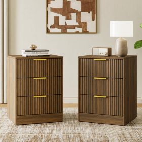 Nordic minimalist ruffled design bedside table with three drawers for large capacity storage. Golden handles for a luxurious look. Bedroom bedsid