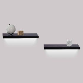 2-Piece Floating Wall Shelves w/LED Light, 18.11" Wood Wall Mounted Shelves for Bedroom, Bathroom, Living Room, Kitchen, Storage Shelf for Books