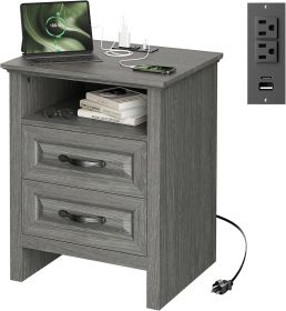 Nightstand for Bedroom, Night Stand with Charging Station, Bedside Table with 2 Drawers & Open Shelf, Farmhouse End Table Storage Cabinet, Gray