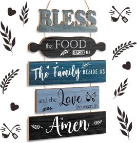 Bless The Food Before Us Wall Decor Farmhouse Kitchen Decor Rustic Dining Room Wall Art Vintage Country Wooden Hanging Sign(Farmhouse Blue)