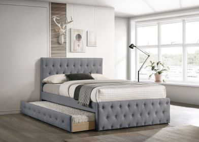 Contemporary Twin Size Bed w/ Trundle Slats Light Grey Burlap Upholstered Button Tufted Headboard Footboard Youth Bedroom Furniture wooden Slats