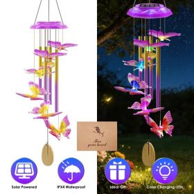 Solar Wind Chime With Aluminum Tubes 7 Color Changing Wind Chime For Outside IP44 Waterproof Outdoor Garden Yard Decor Spring Summer (Option: PurpleButterfly)