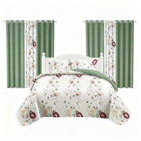 9 Piece Room In A Bag Quilt And Curtain Set, US Designer Sage Green Botanical Floral Print Heavyweight Bedspread With 6 Customizable Window Panel (Option: KING)