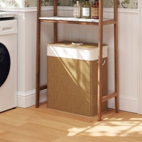 Double Laundry Basket With Lid, 26.4 Gallon Bamboo Laundry Hamper With Rope Handles And Removable Liner, Brown (Option: Brown)