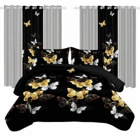 9 Piece Room In A Bag Quilt And Curtain Set, US Designer Black And Gold Butterfly Print Heavyweight Bedspread With 6 Customizable Window Panels, (Option: KING)