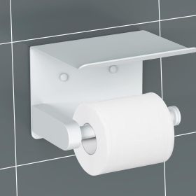 Self Adhesive Toilet Paper Holder with Phone Shelf Stainless Steel Wall Mounted Toilet Paper Roll Holder - Rustproof and Bathroom Washroom Tissue (Color: White)