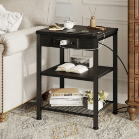 15.7" Small Side Table with Charging Station, End Table with Outlets & USB Ports, 3-Tier Adjustable Storage Nightstand for Living Room, Bedroom (title: default title)
