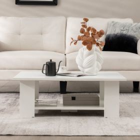 Large 41 Inch 2-tier Wooden Modern Coffee Table with Storage Shelf living room table (Color: White)