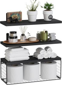 Bathroom Shelf Over Toilet, Floating Bathroom Shelf Wall Mounted with Wire Basket, Floating Shelf for Wall Décor (Color: Black)